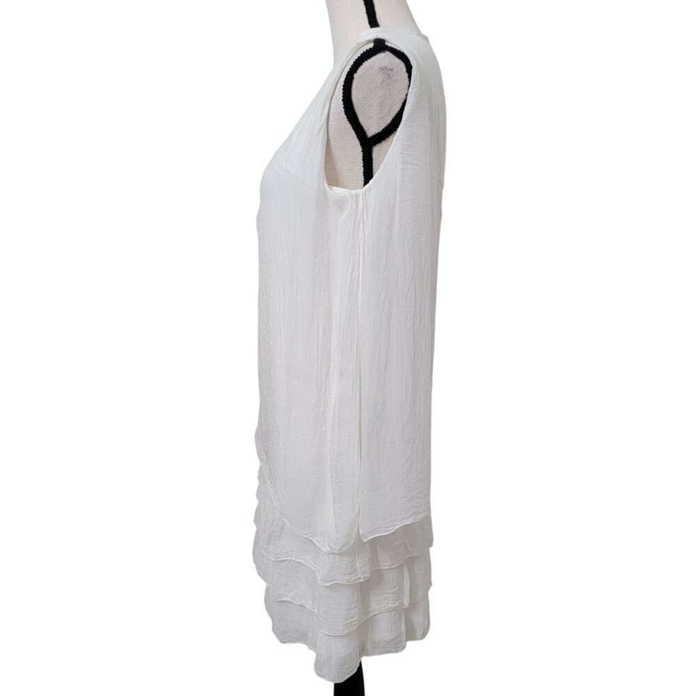 Made in Italy 100% Silk Layered / Tiered White Sleeveless Midi Dress - Picture 3 of 9